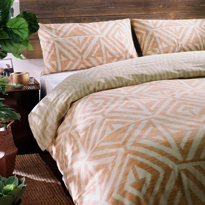 Boho geometric duvet set for van life camper beds, cozy desert tones with tribal print bedding