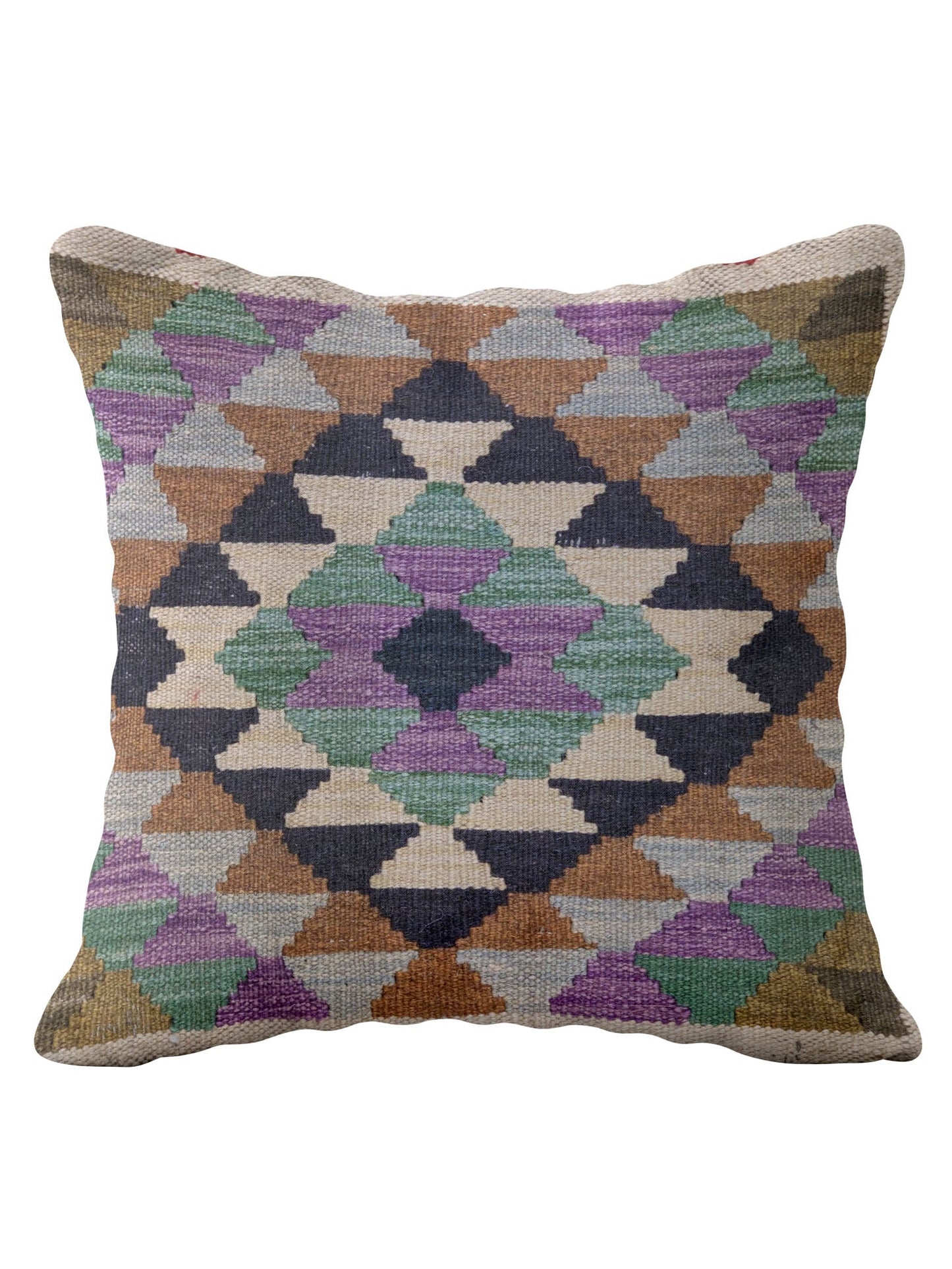 Boho geometric pillow for van life, camper van decor with purple, green, and earthy tones