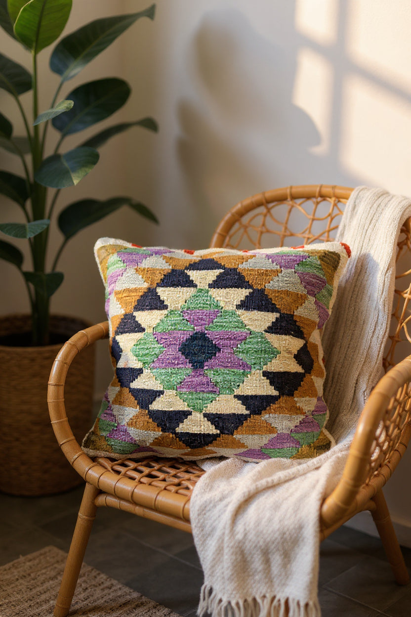 Boho geometric pillow on rattan chair, perfect for van life interiors and cozy camper decor