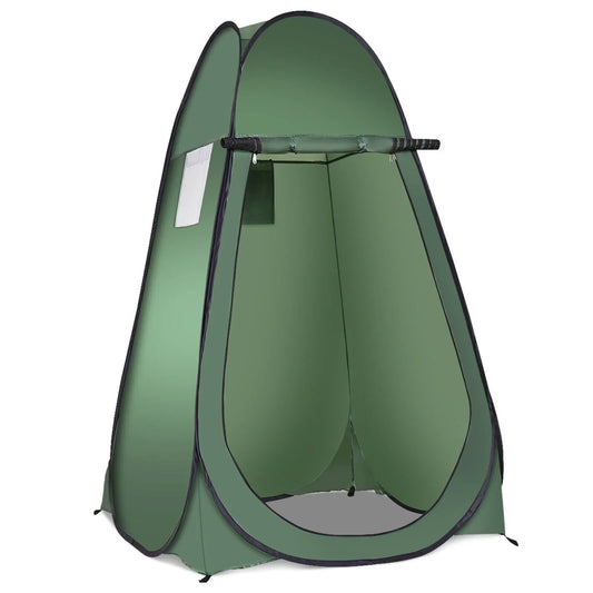 Green pop-up privacy tent for van life, camping, or outdoor adventures with hanging rod