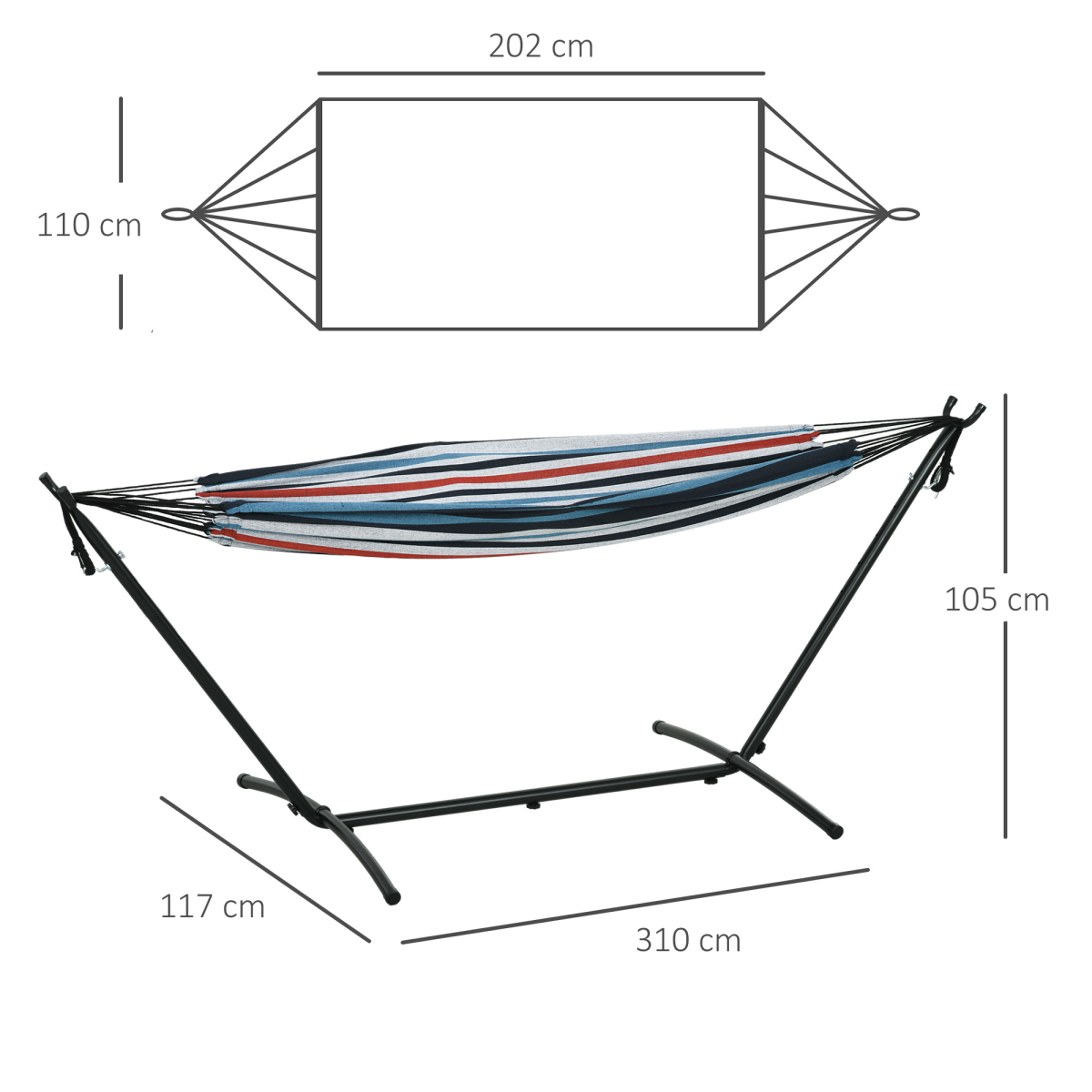 Striped hammock with stand, perfect for van life and outdoor adventures, dimensions shown