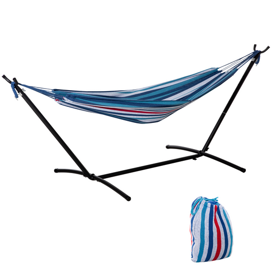 Striped hammock with black stand and carry bag, perfect for van life and outdoor adventures