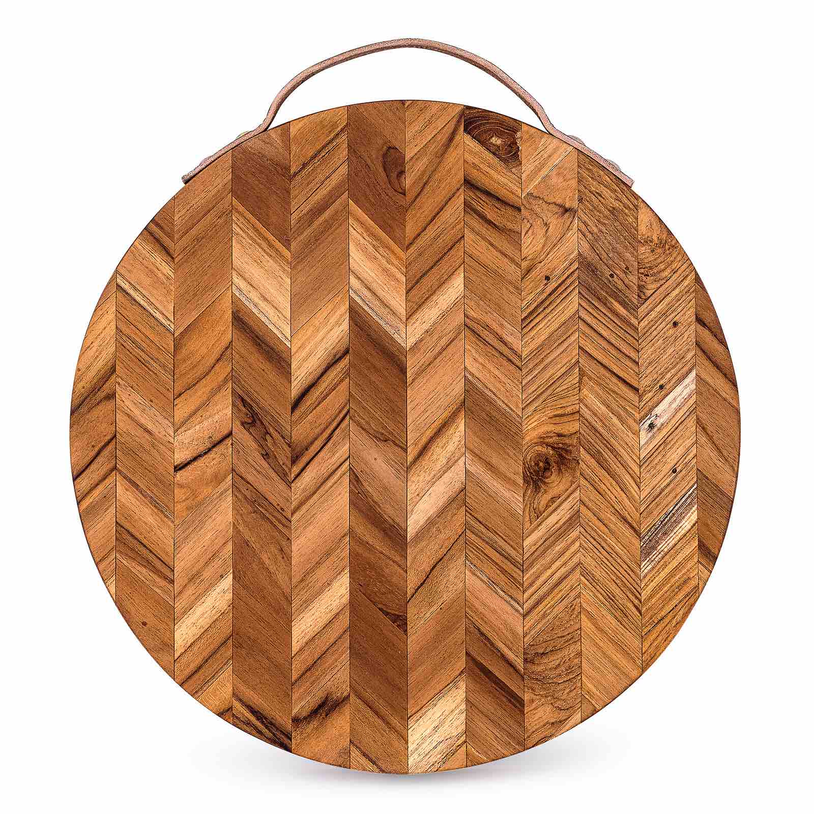 Round wooden cutting board with herringbone pattern and leather handle, perfect for van life kitchens