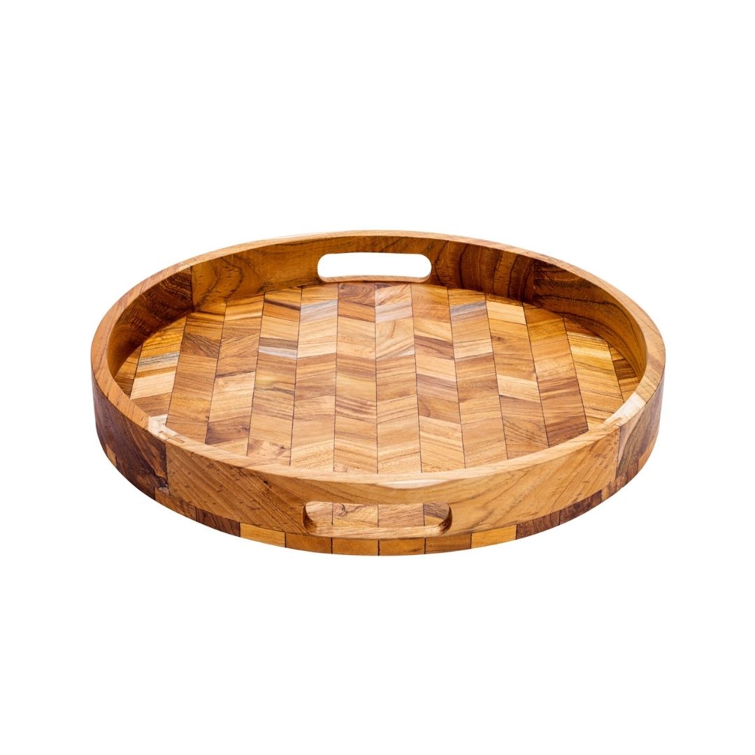Round wooden serving tray with herringbone pattern, ideal for van life and outdoor adventures