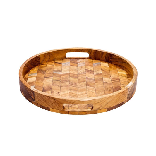 Round wooden serving tray with herringbone pattern, ideal for van life and outdoor adventures