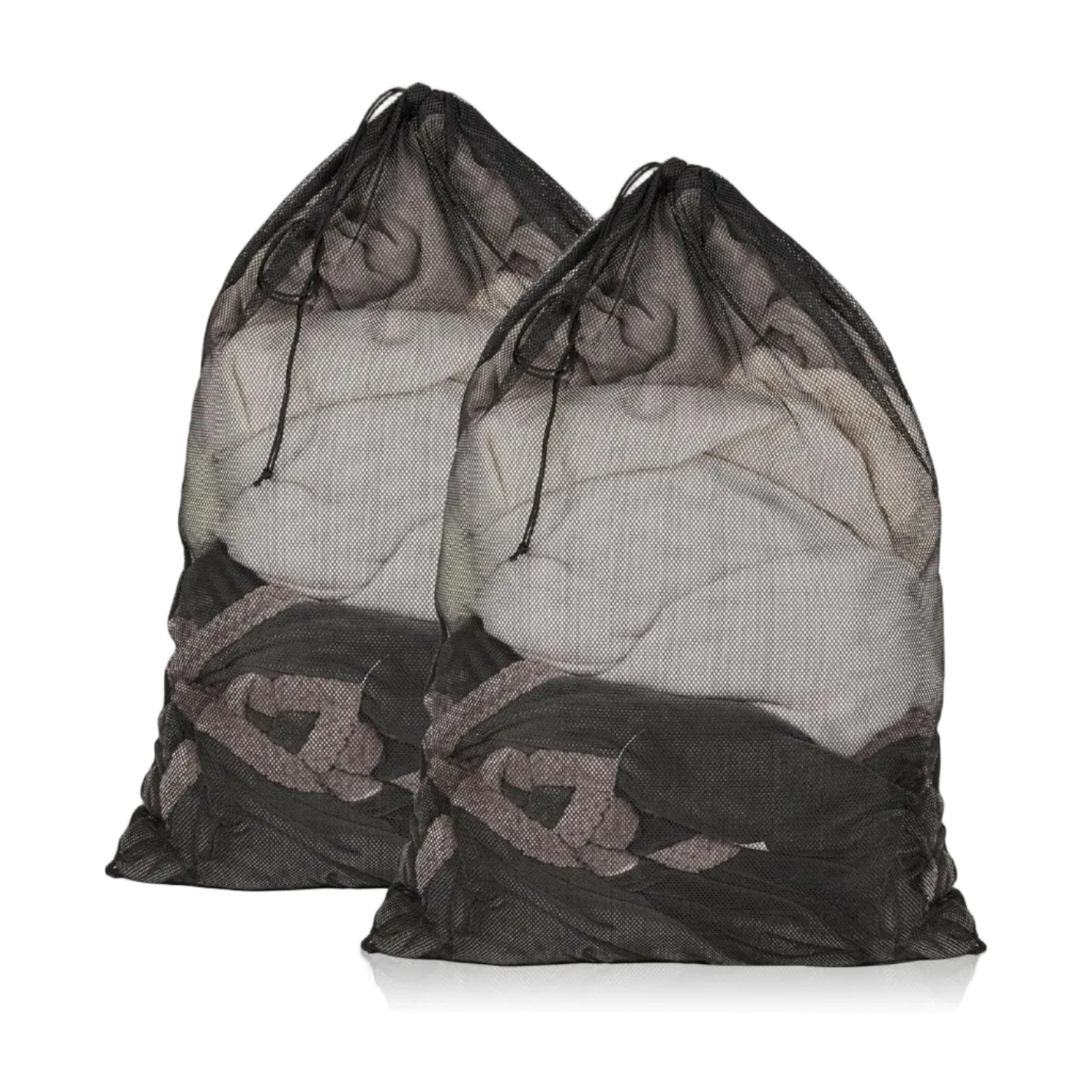 Black mesh laundry bags for van life, camping, and travel gear organization