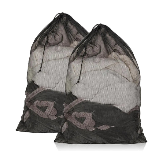 Black mesh laundry bags for van life, camping, and travel gear organization