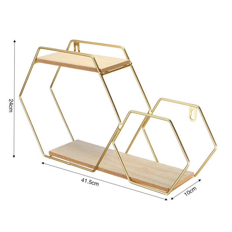 Gold hexagon wall shelf with wood shelves, ideal for van life storage and camper van organization