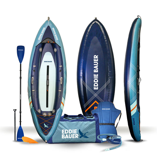 Eddie Bauer inflatable kayak with paddle, pump, and carry bag for van life adventures