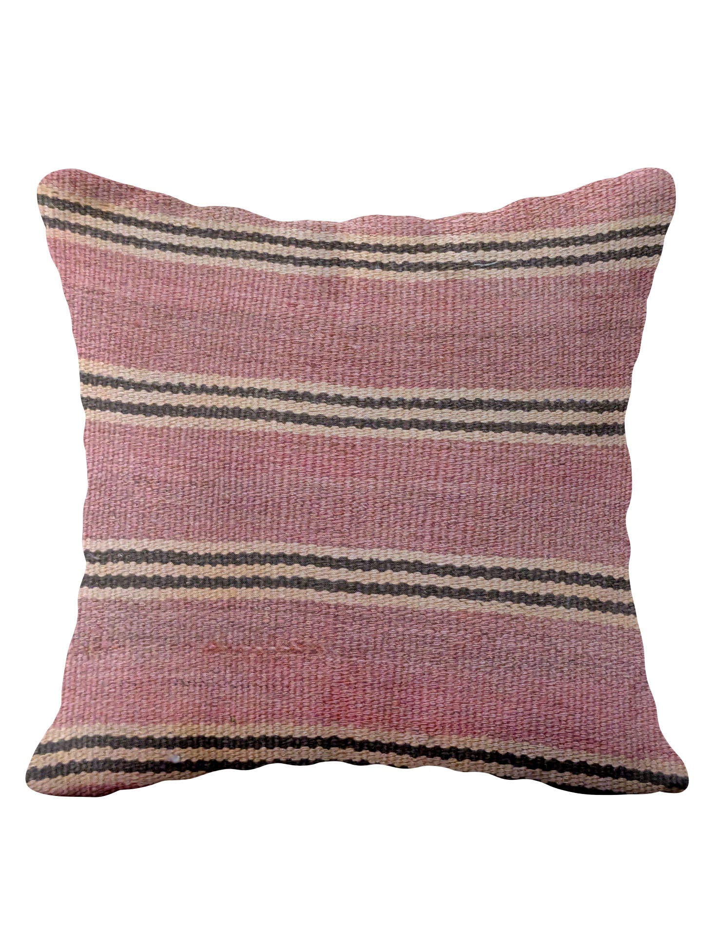 Pink striped woven throw pillow for van life or camper decor, rustic boho style accent cushion