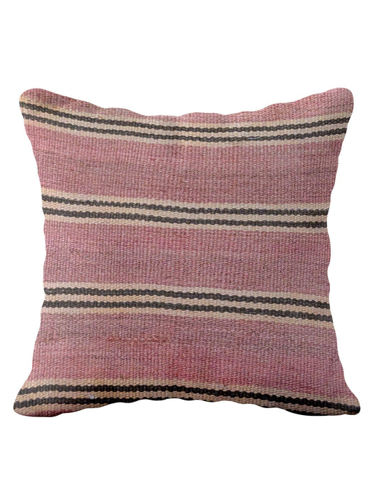 Pink striped woven throw pillow for van life or camper decor, rustic boho style accent cushion