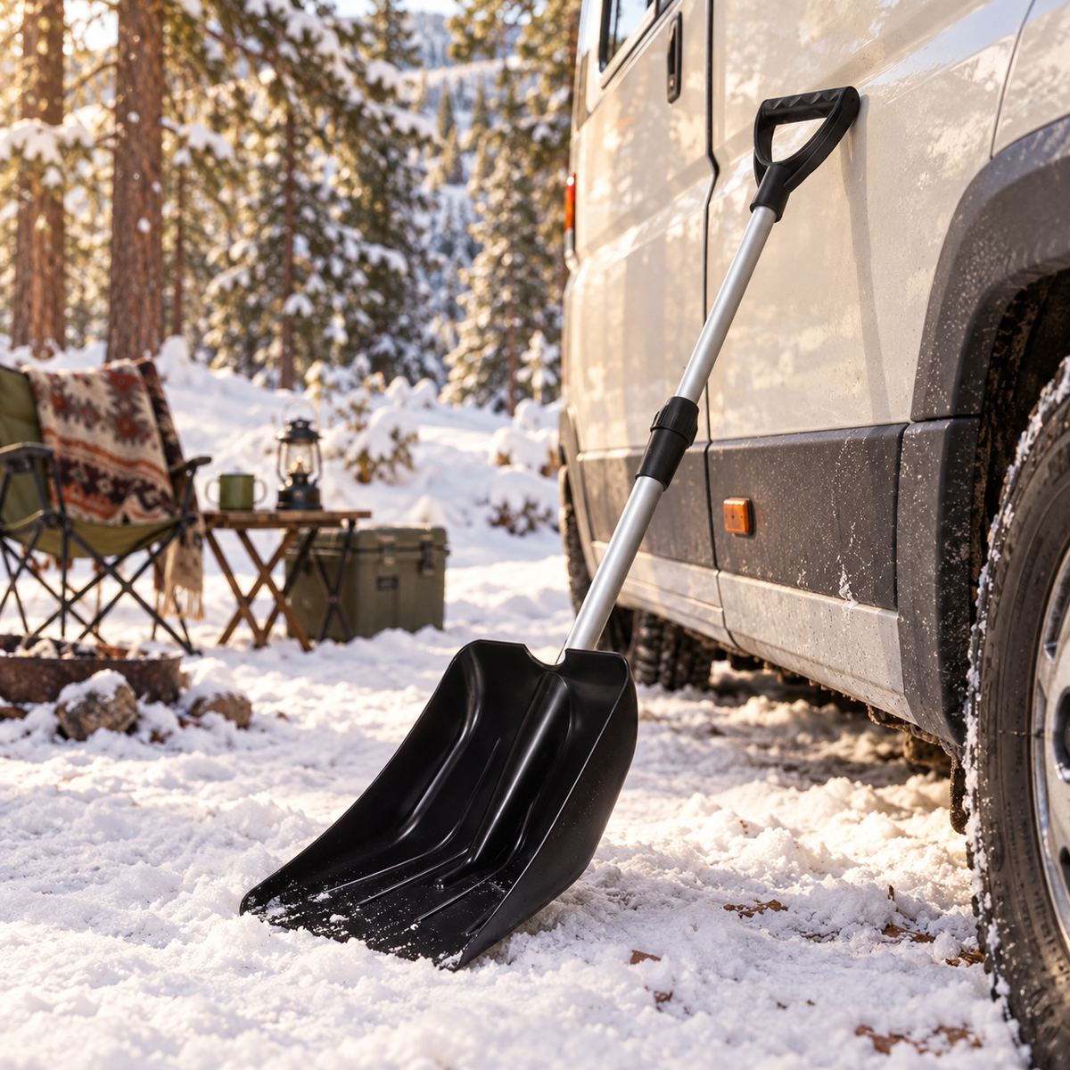 Lightweight Snow Shovel in a van-life setting