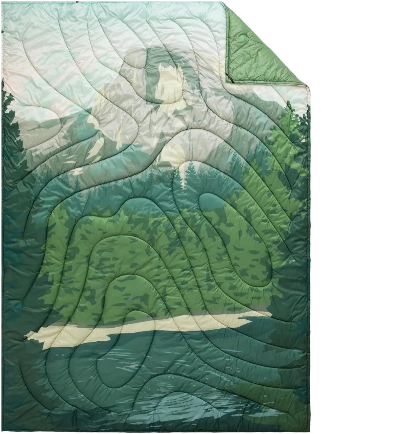 Quilted van life blanket with forest, lake & mountain print for campers and outdoor adventurers