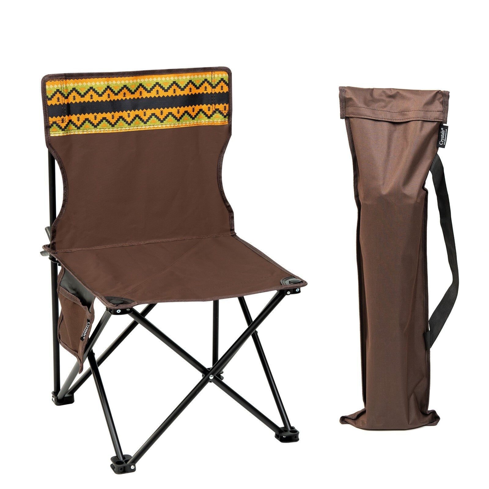 Portable folding camp chair with patterned back & carry bag, ideal for van life and outdoor adventures