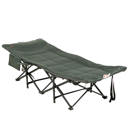 Portable folding camp cot with padded green striped mattress, ideal for van life and outdoor adventures
