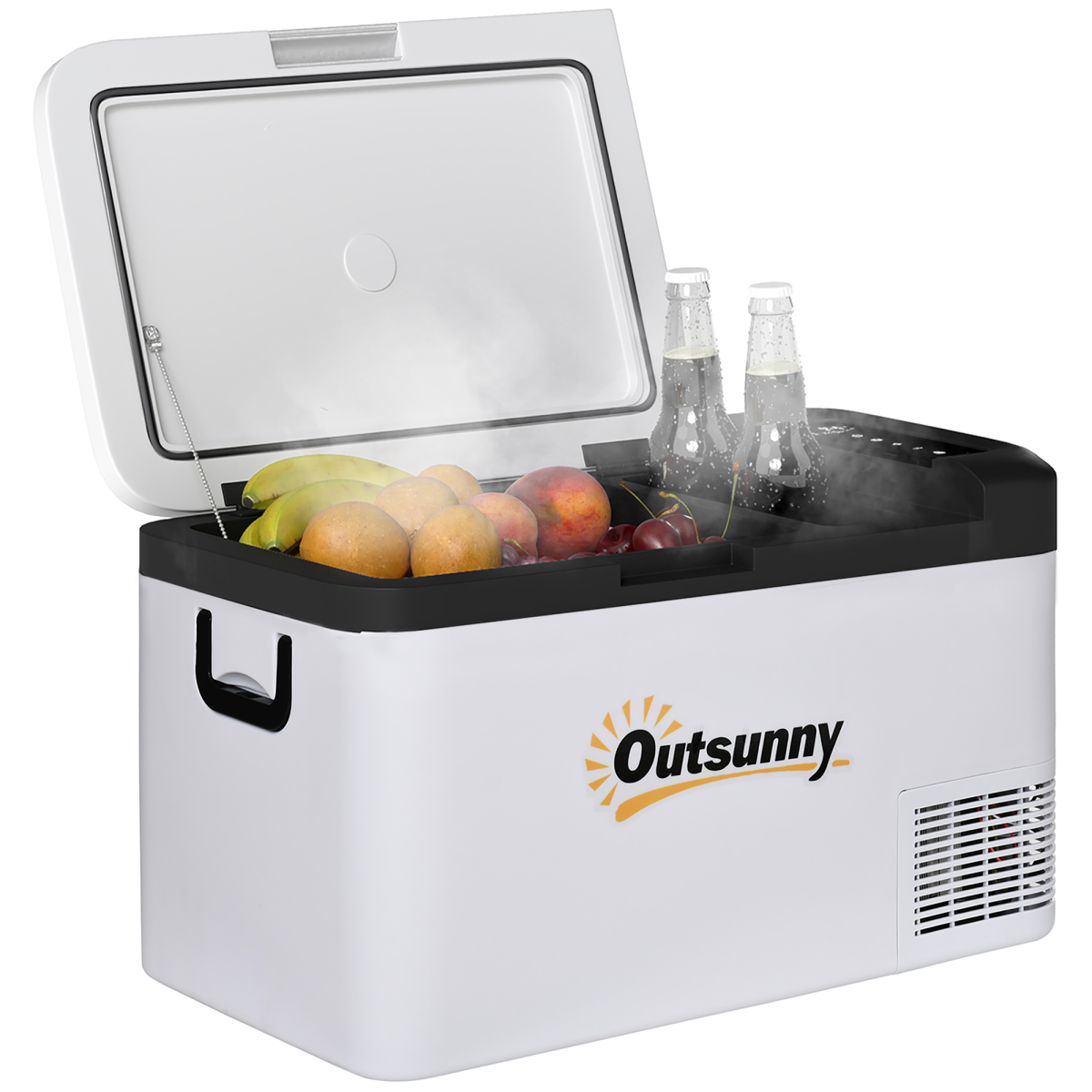 Outsunny 12V portable fridge cooler for van life, storing fresh fruit and chilled drinks
