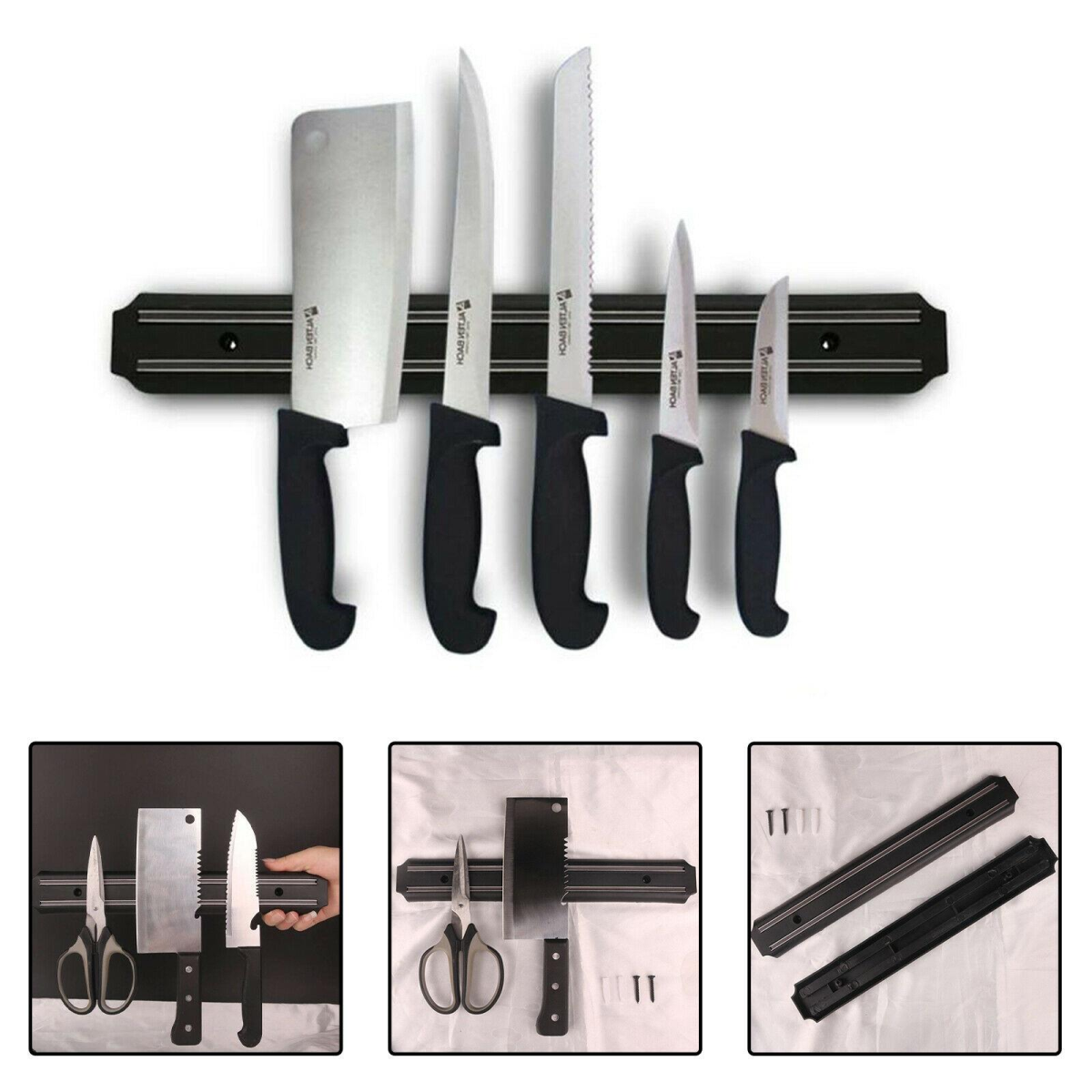 Magnetic knife strip with 5 knives & scissors, ideal for van life kitchen organization and compact storage
