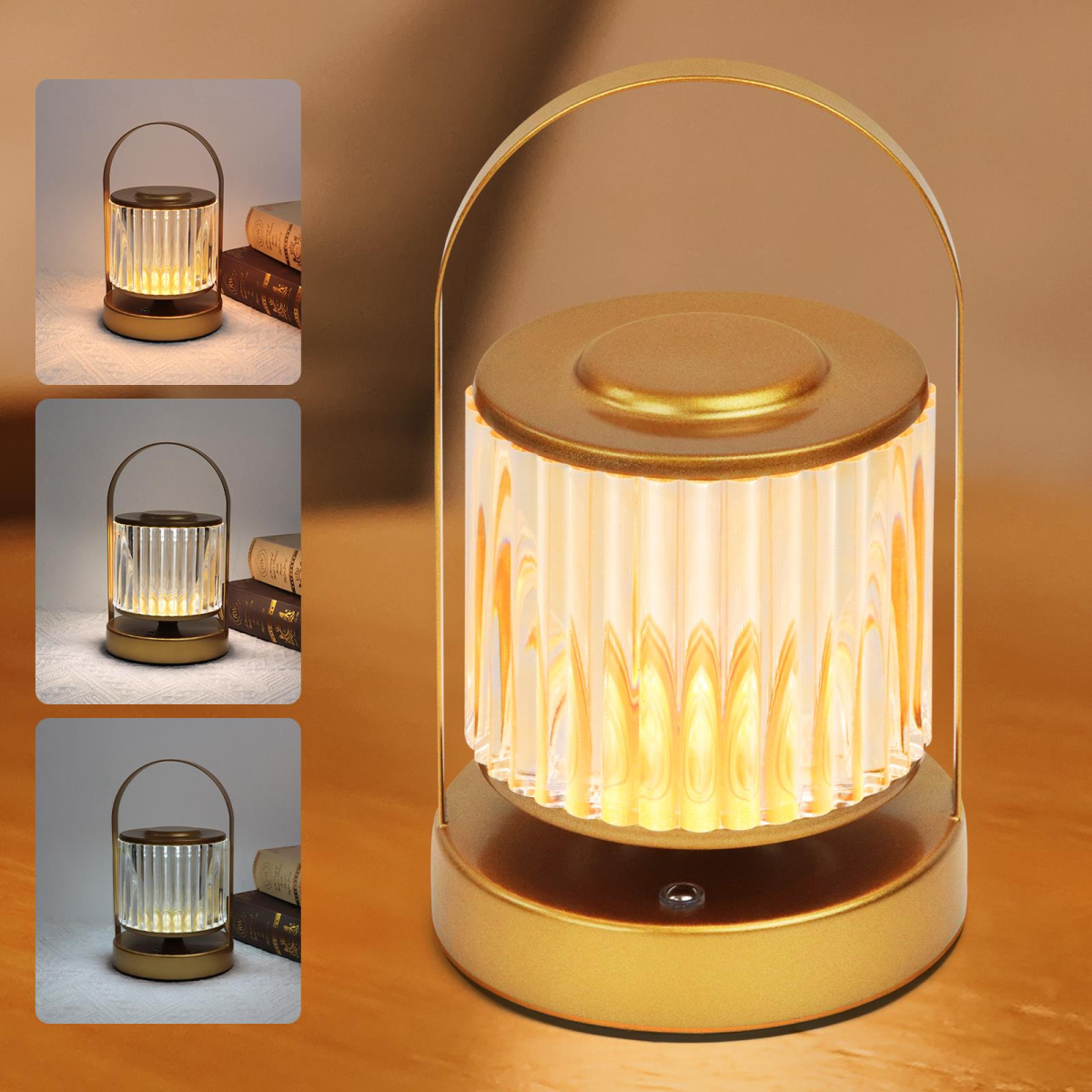 Portable LED lantern with golden handle, perfect for van life, camping, and cozy indoor ambiance.