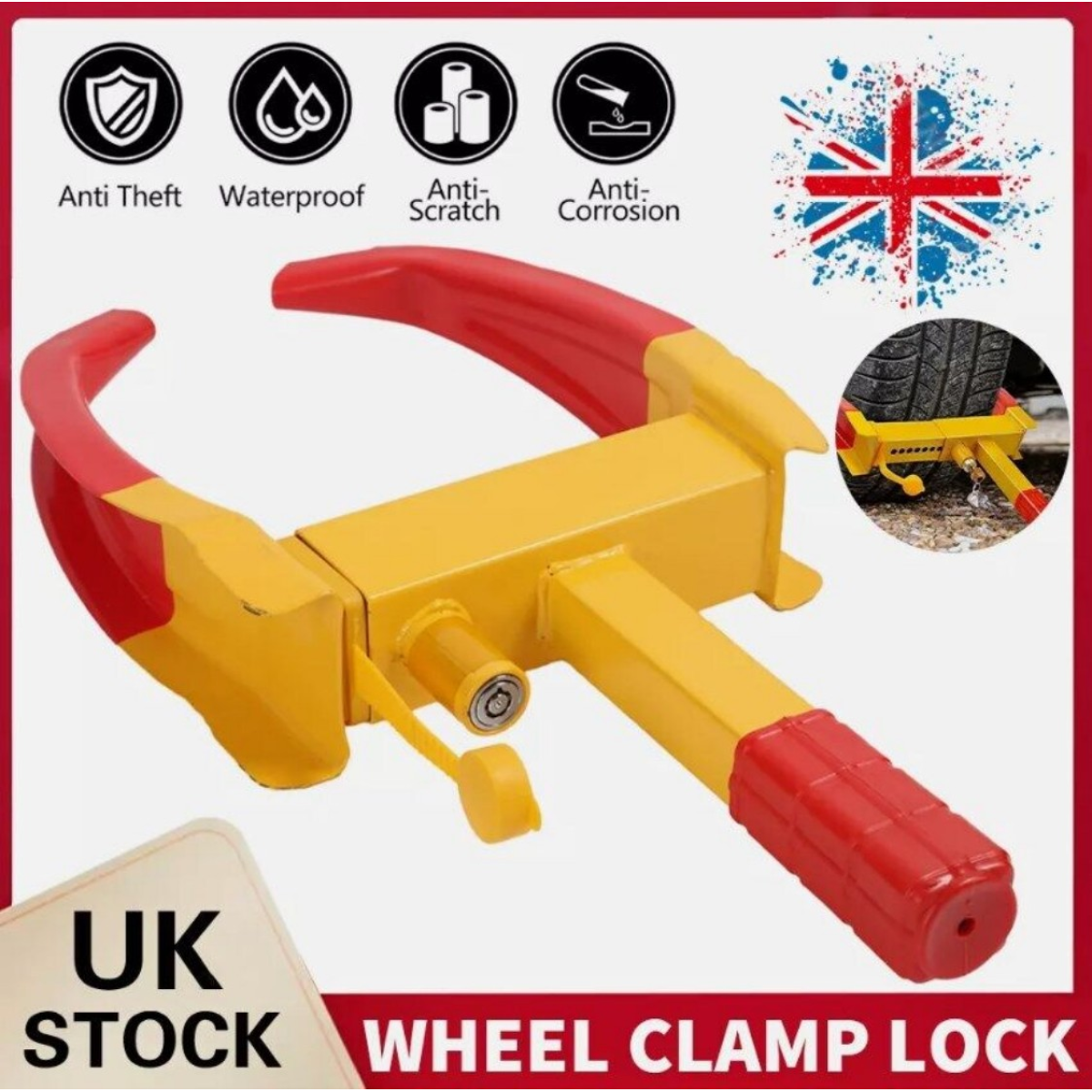 Yellow and red anti-theft wheel clamp lock for van life, waterproof & UK stock