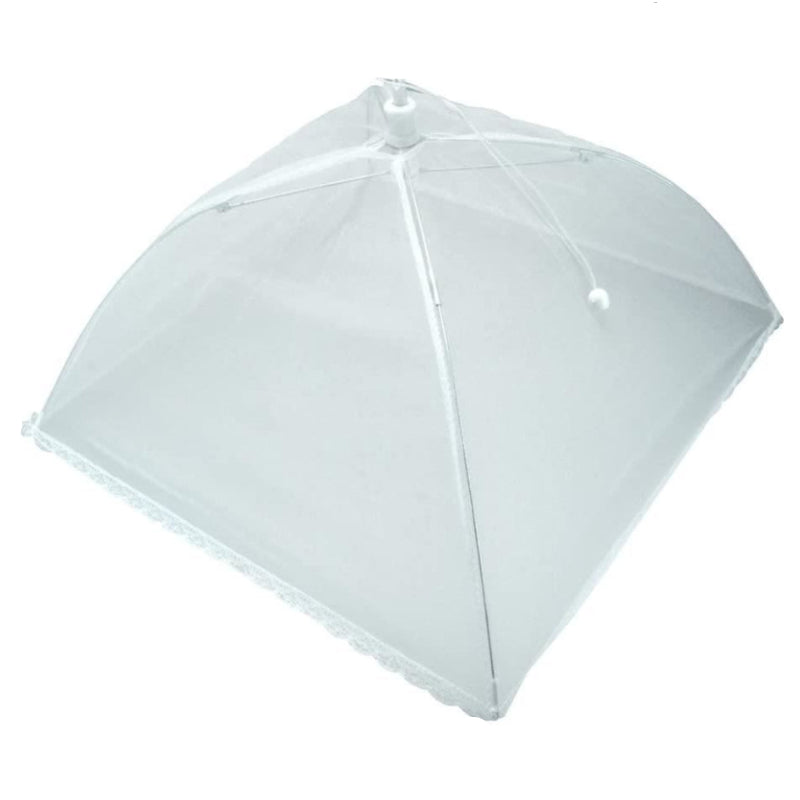 White mesh food cover with lace trim for van life camping and outdoor meals