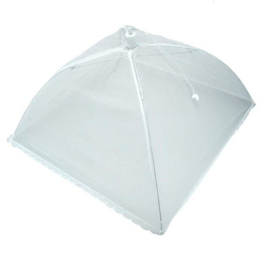 White mesh food cover with lace trim for van life camping and outdoor meals