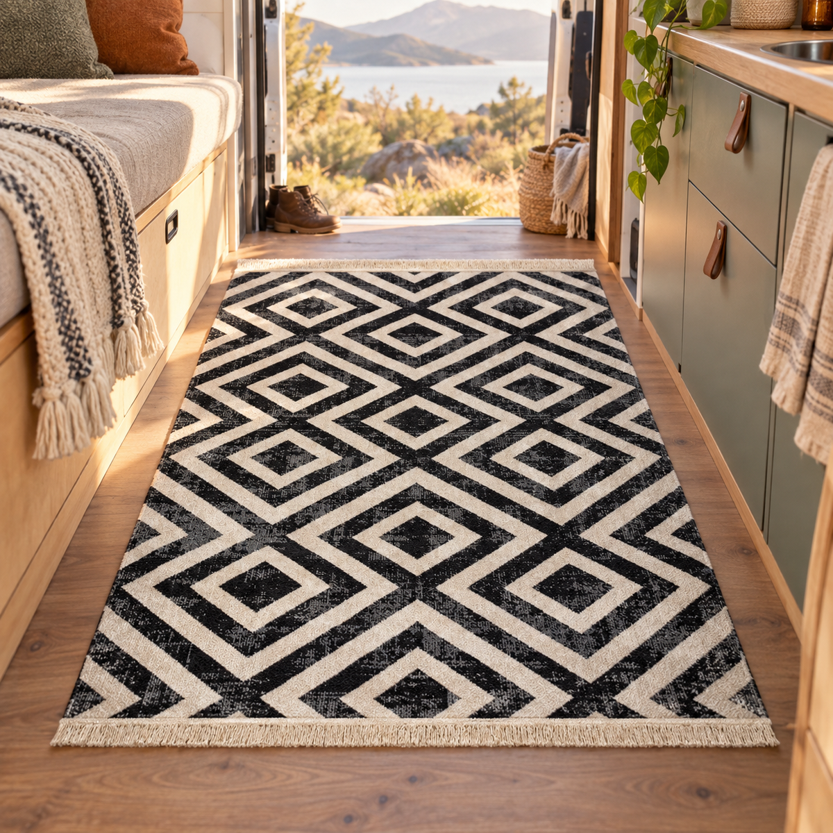Geometric Rug in a van-life setting