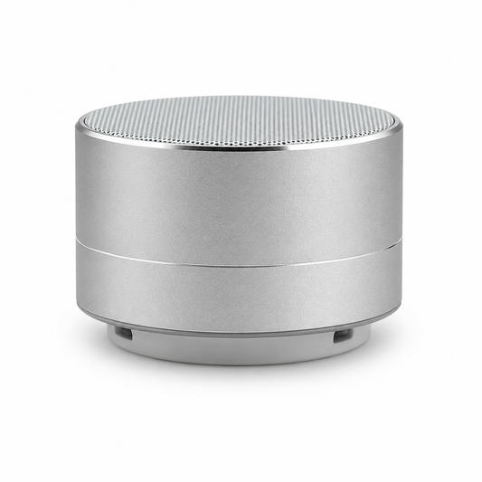 Compact silver Bluetooth speaker for van life and outdoor adventures