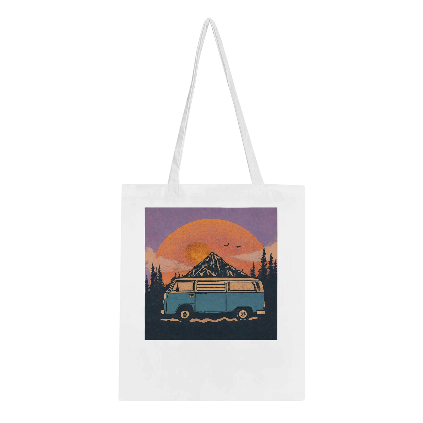 Van life tote bag with retro camper van, mountain sunset, and forest design for outdoor adventures