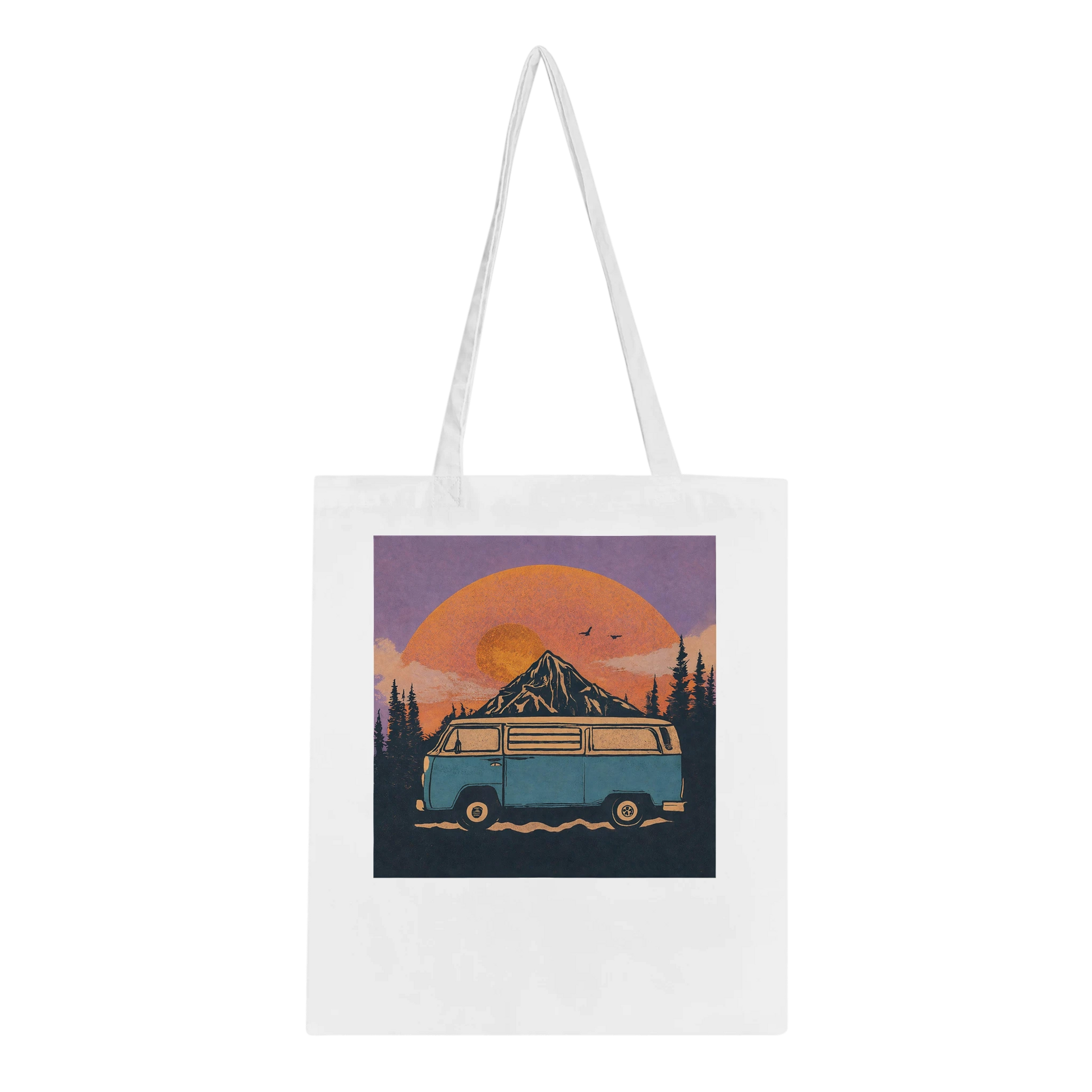 Van life tote bag with retro camper van, mountain sunset, and forest design for outdoor adventures