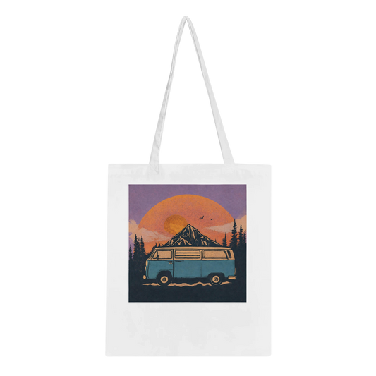 Van life tote bag with retro camper van, mountain sunset, and forest design for outdoor adventures