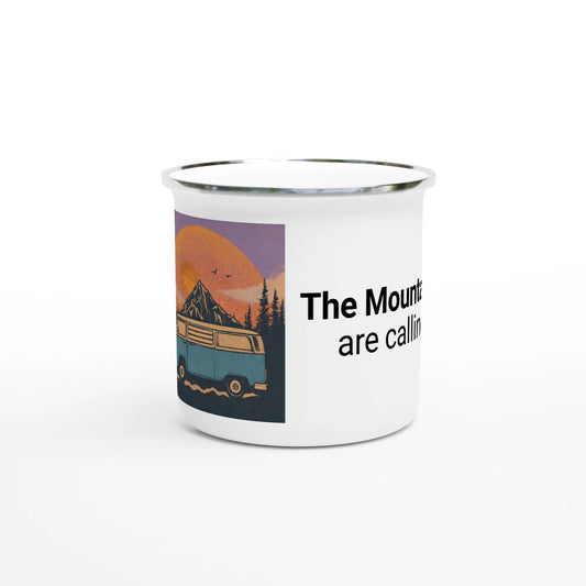 Van life enamel mug with 'The Mountains are calling' quote, mountain sunset design, perfect for campers & adventurers