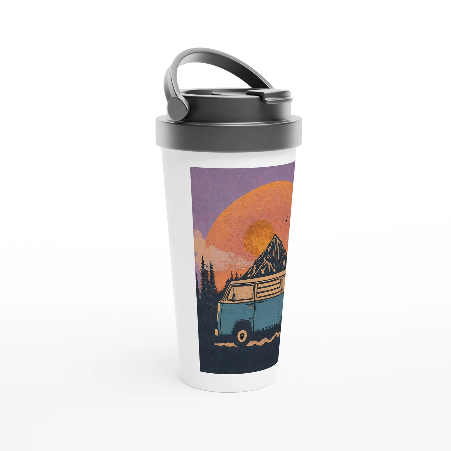 Van life travel mug with retro camper van, mountain sunset design for adventurers and road trippers