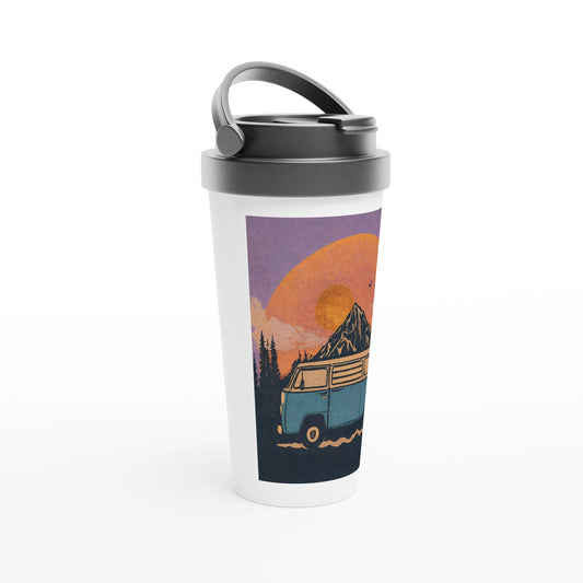 Van life travel mug with retro camper van, mountain sunset design for adventurers and road trippers