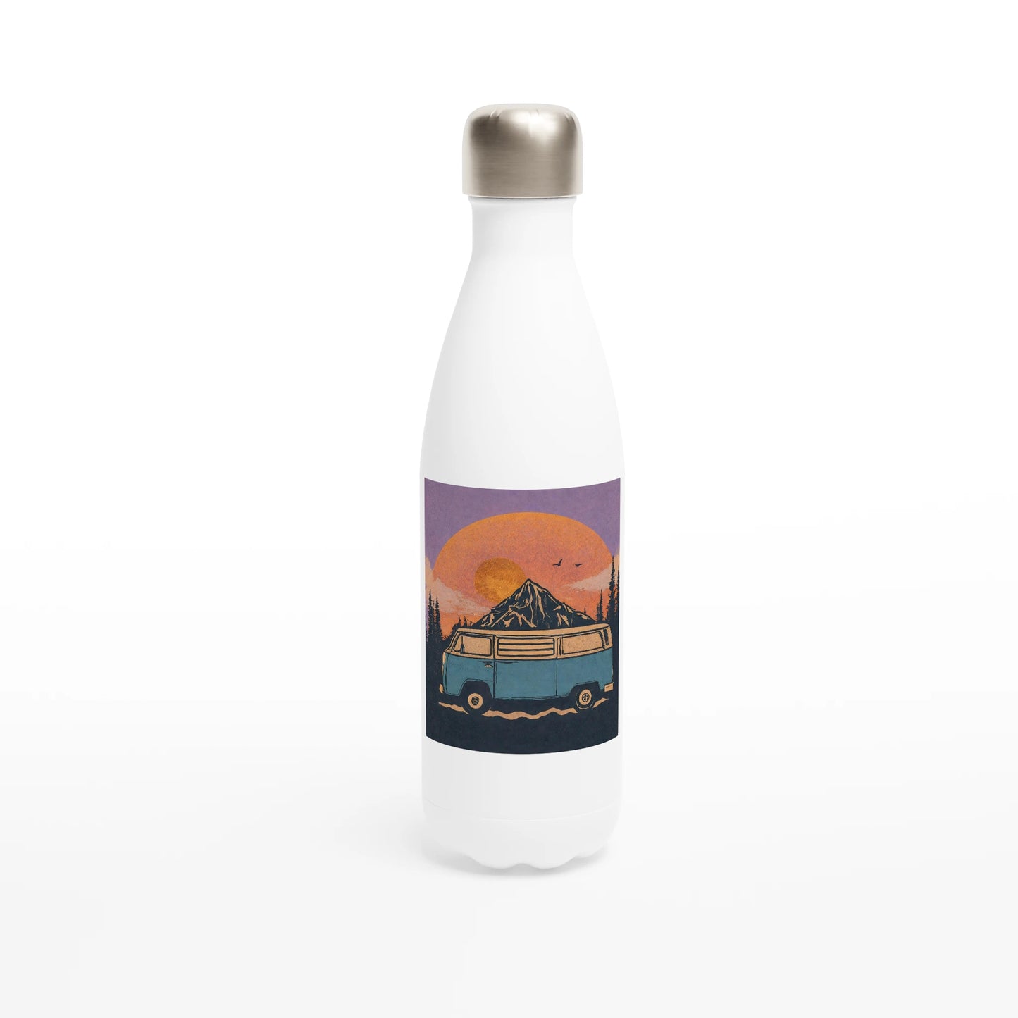 Van life water bottle with retro camper van, mountain sunset design for outdoor adventures