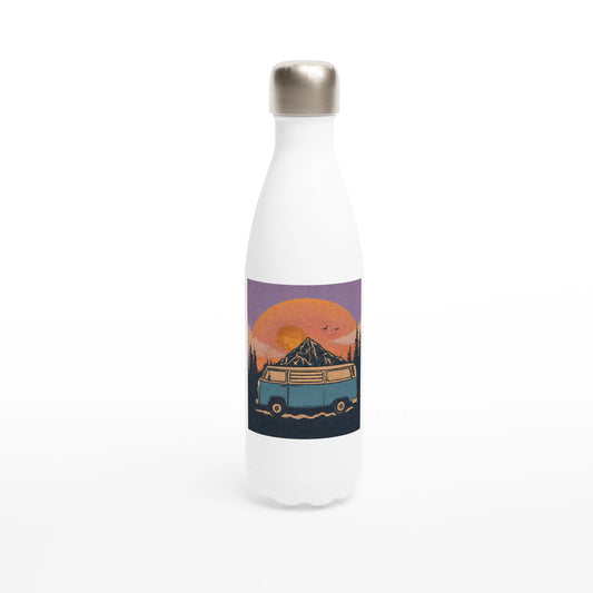 Van life water bottle with retro camper van, mountain sunset design for outdoor adventures