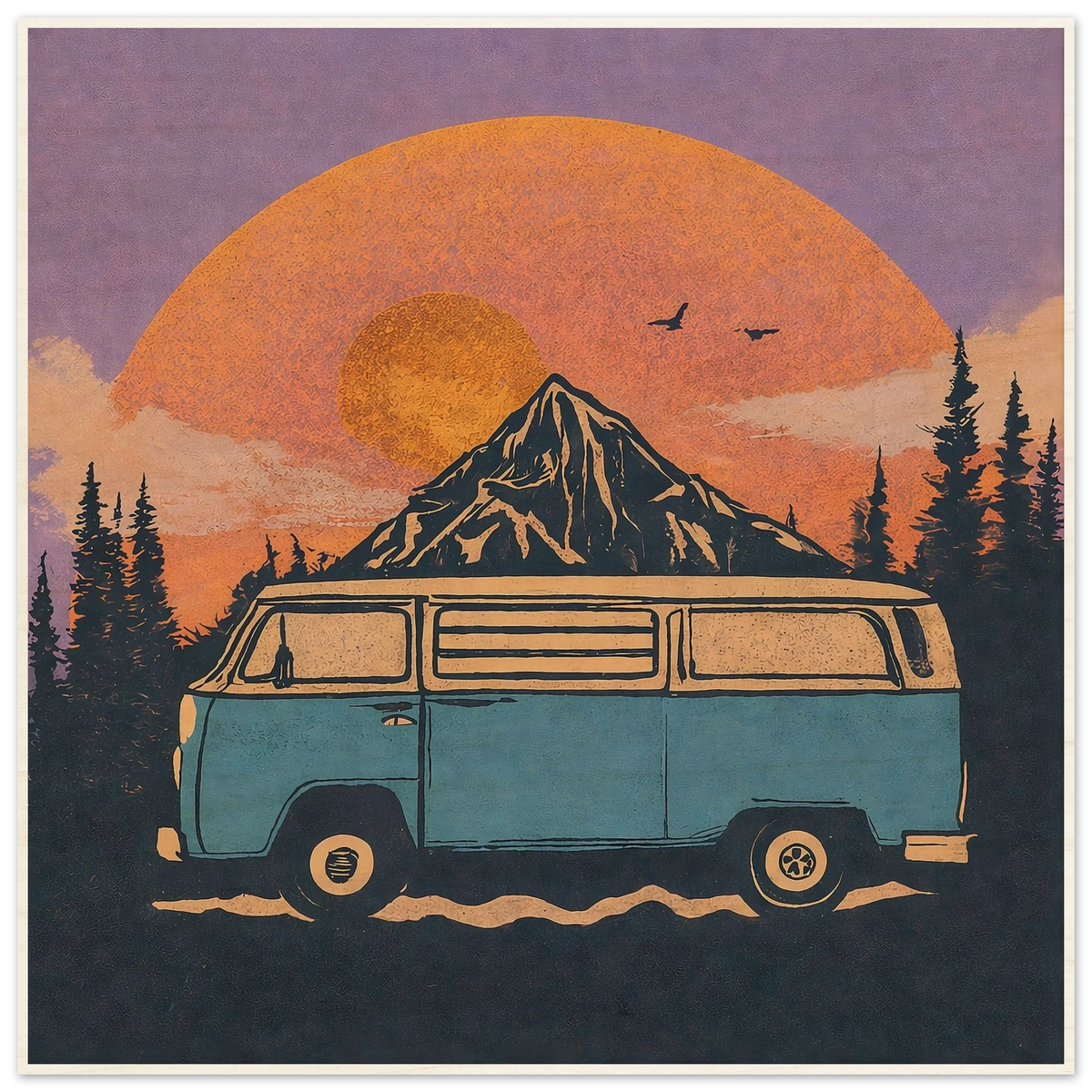 Vintage van life poster with mountain sunset, perfect for camper van decor and adventure wall art.