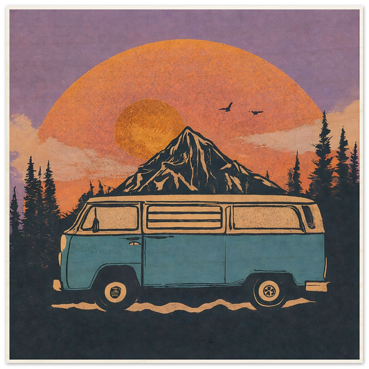 Vintage van life poster with mountain sunset, perfect for camper van decor and adventure wall art.