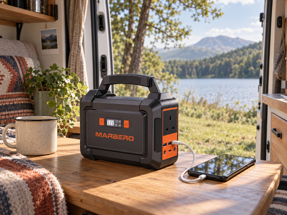 Portable power station charging a phone inside a campervan by a lake