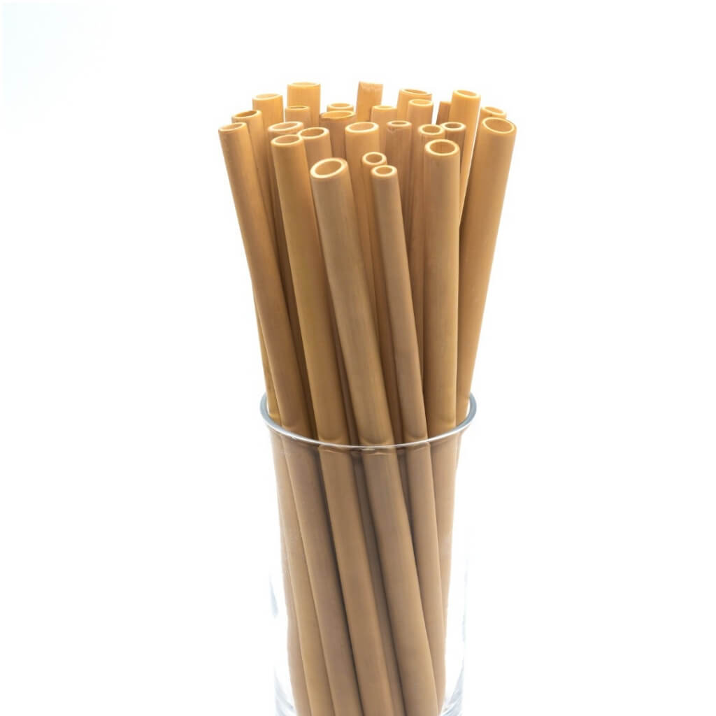 Eco-friendly bamboo straws in glass holder, perfect for van life and outdoor adventures