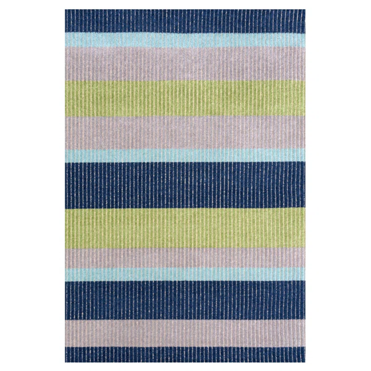Striped outdoor rug with navy, mint, and lime green bands for van life or camping adventures