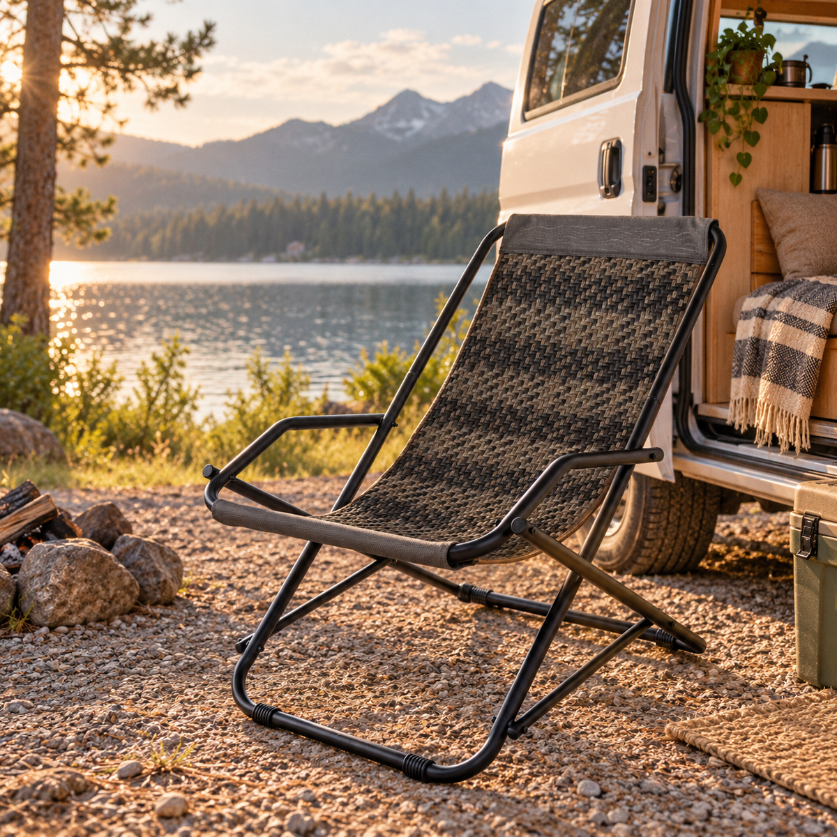 Folding Sling Chair in a van-life setting
