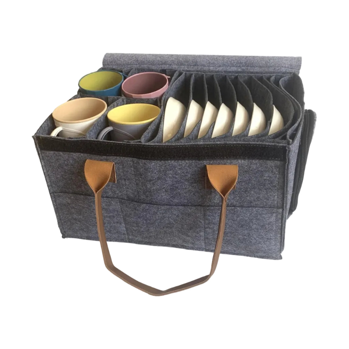 Grey felt kitchen organizer with mugs and plates, perfect for van life storage and camper van essentials