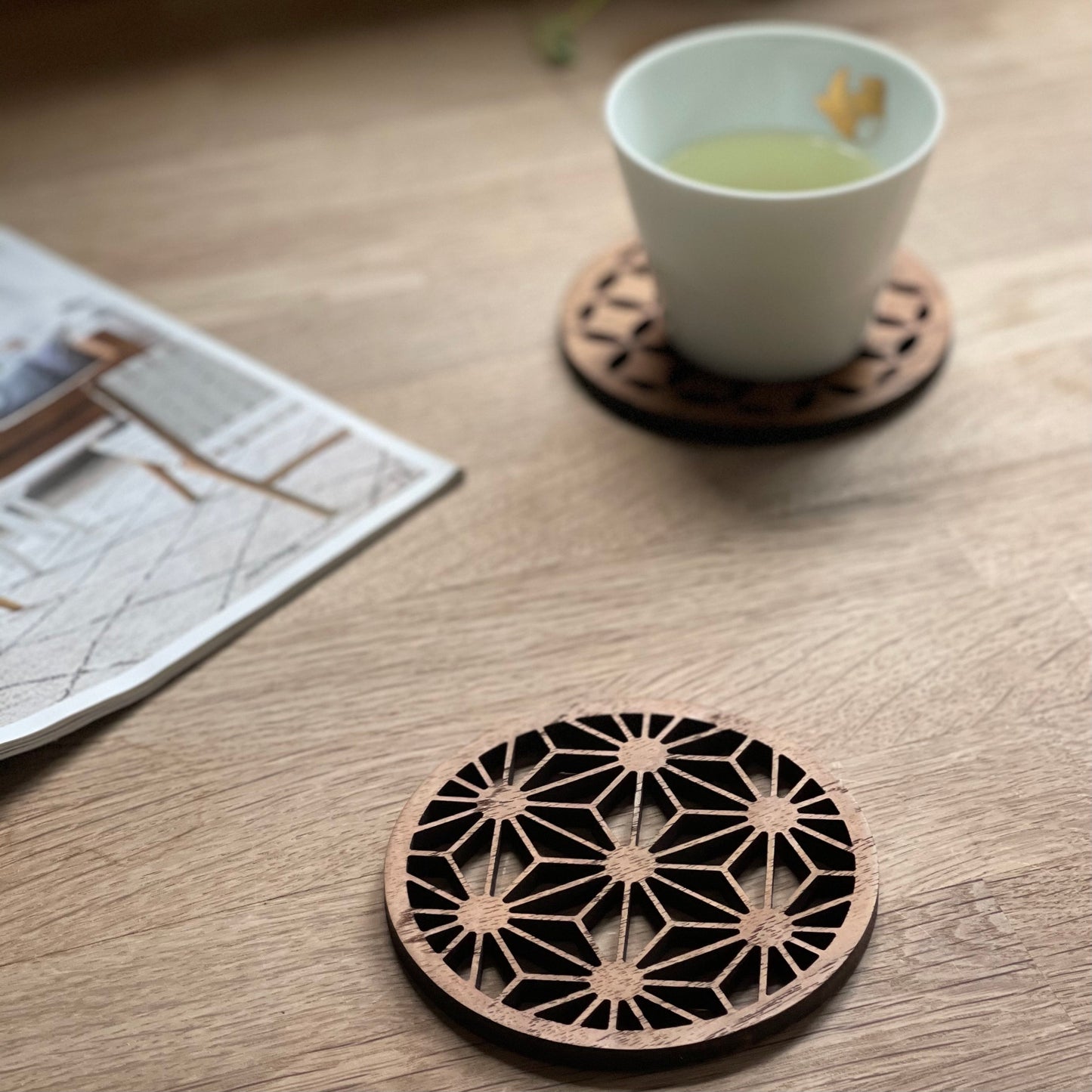 Wooden geometric coasters for van life, perfect for tea or coffee in your camper van