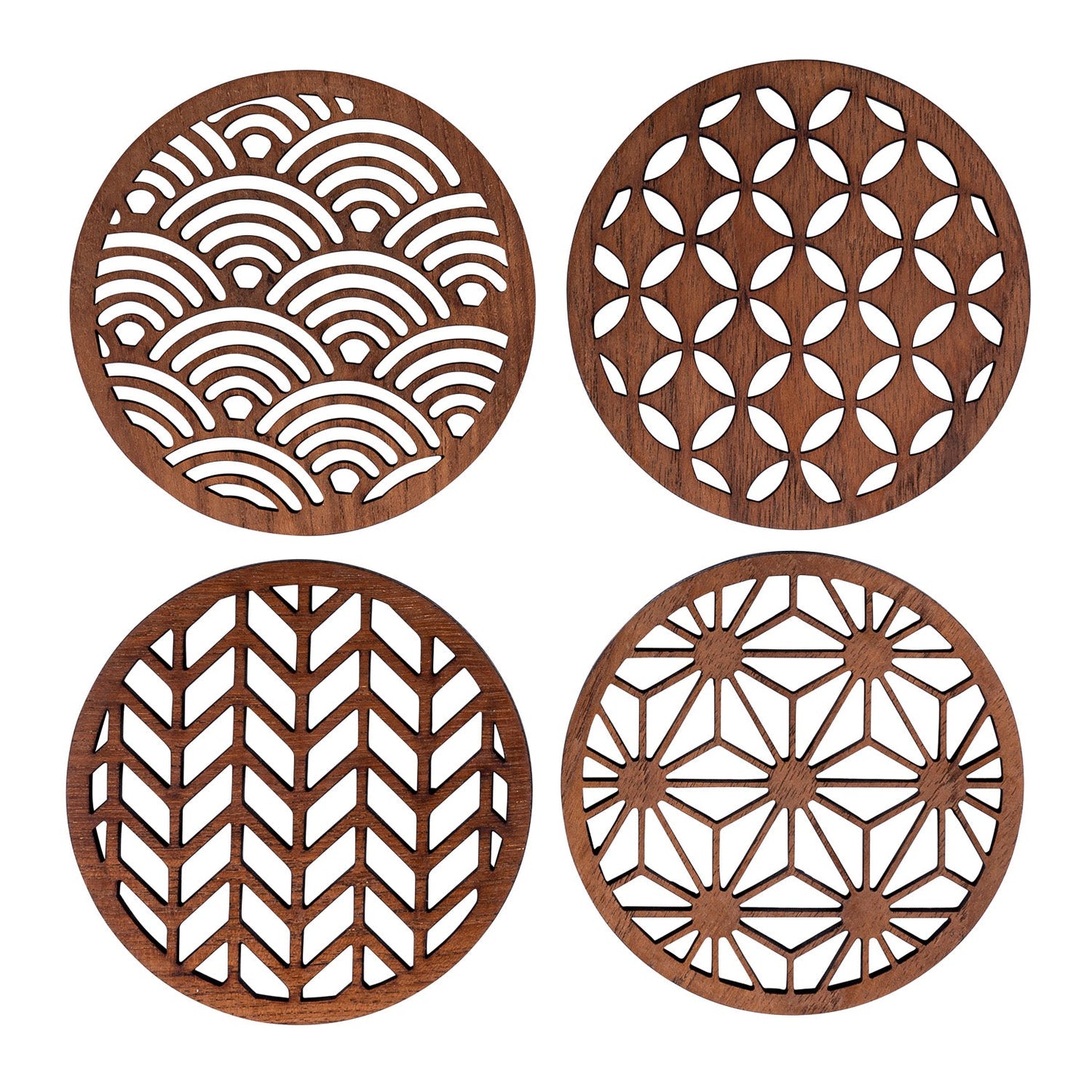 Set of 4 wooden coasters with wave, flower, herringbone, and geometric cutout designs for van life decor