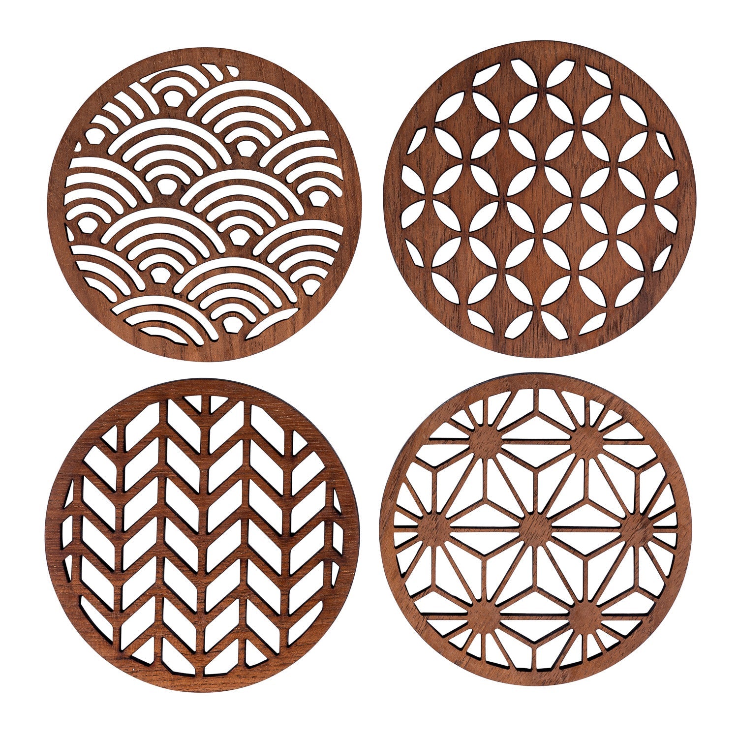 Set of 4 wooden coasters with wave, flower, herringbone, and geometric cutout designs for van life decor