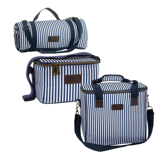 Navy and white striped picnic blanket and cooler bags for van life adventures