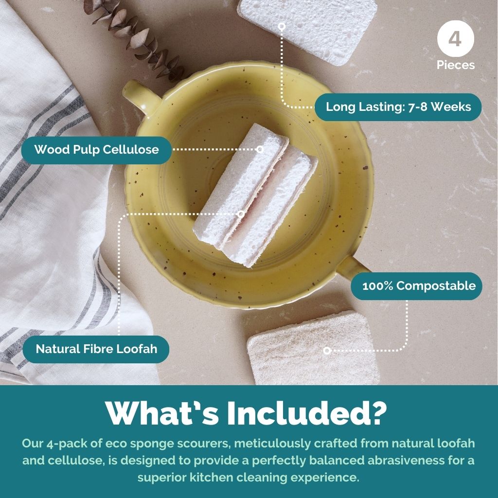 Eco-friendly kitchen sponge scourers made from natural loofah and cellulose, compostable and long-lasting for van life cleaning