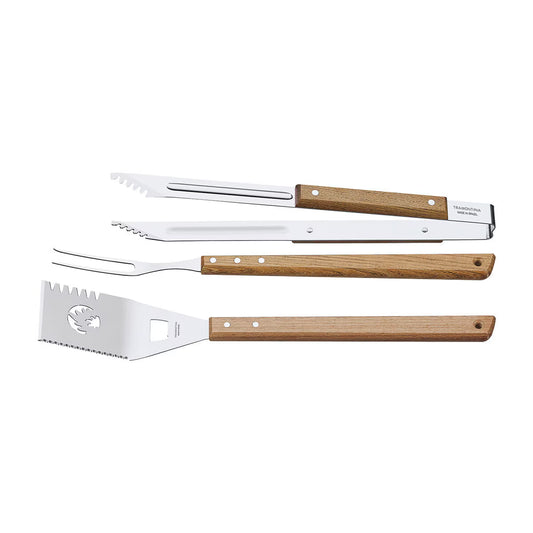 Stainless steel BBQ tools with wooden handles for van life grilling and outdoor adventures