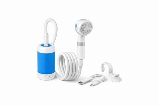 Portable USB shower pump with handheld nozzle, coiled hose, and suction mount for van life camping