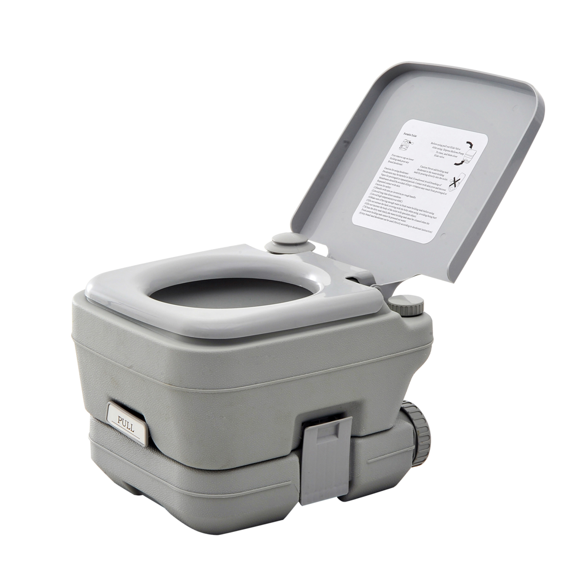 Portable camping toilet for van life, RV, or outdoor adventures with pull handle and instructions